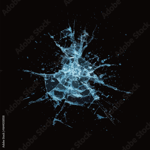 A blue and white image of a shattered glass. The glass is broken into many pieces and the blue color is prominent