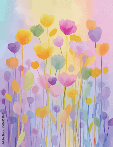 Wallpaper Mural A painting of a field of flowers with a purple background. The flowers are pink and yellow. There are many flowers in the painting Torontodigital.ca