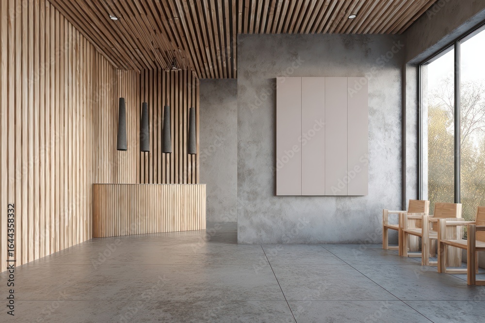 Fototapeta premium Modern, minimalist reception area with wooden accents