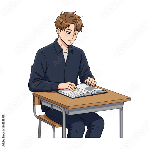 High School Male Student Sitting in Classroom — Character Illustration PNG & Background Scene