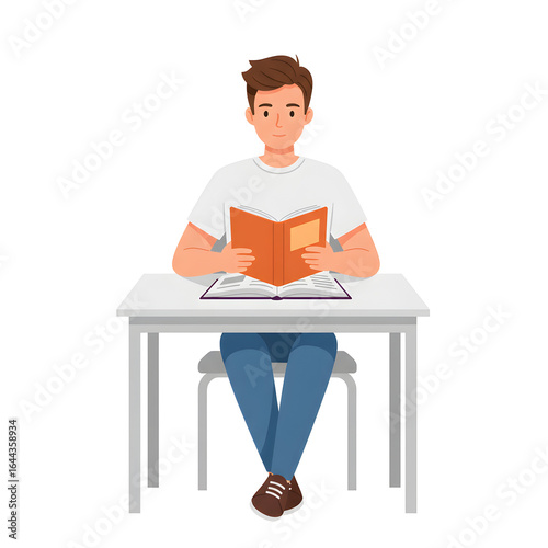 High School Male Student Sitting in Classroom — Character Illustration PNG & Background Scene