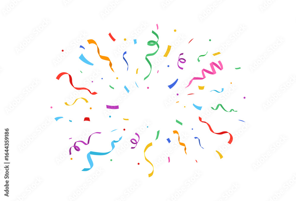 Naklejka premium Festive colorful confetti and ribbons falling on transparent background. Celebration and event decor vector illustration. Celebration carnival ribbons. Holiday and birthday elements.
