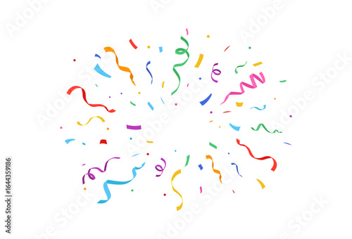 Festive colorful confetti and ribbons falling on transparent background. Celebration and event decor vector illustration. Celebration carnival ribbons. Holiday and birthday elements.