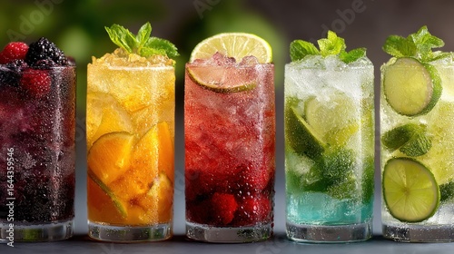 Colorful Refreshing Fruit Drinks in Glasses