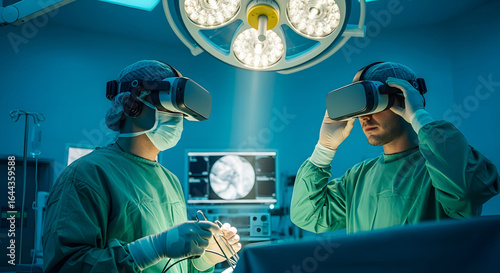 Two surgeons in scrubs and VR headsets are in a brightly lit operating room, looking at screens displaying medical imagery.
