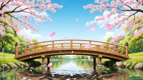 Serene Japanese Bridge with Cherry Blossoms and Floating Petals.