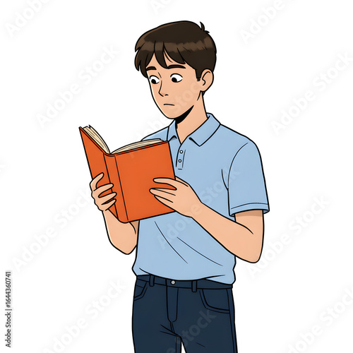High School Male Student Reading Book in Library — Character Illustration PNG & Background Scene