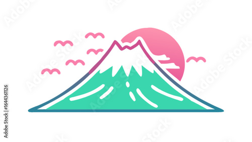 Mount fuji japan landscape scenic view with birds and sun illustration travel destination nature tourism design