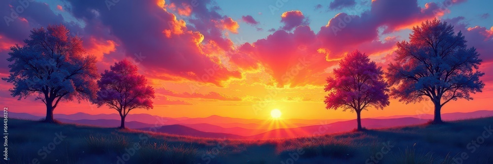 Naklejka premium Colorful aquarell painting of trees against sunset background, textures, gradient