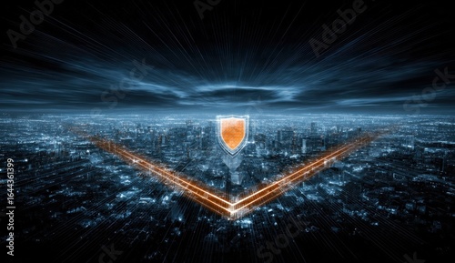 Cityscape with a protective shield. A nighttime city view with an orange shield hovering above