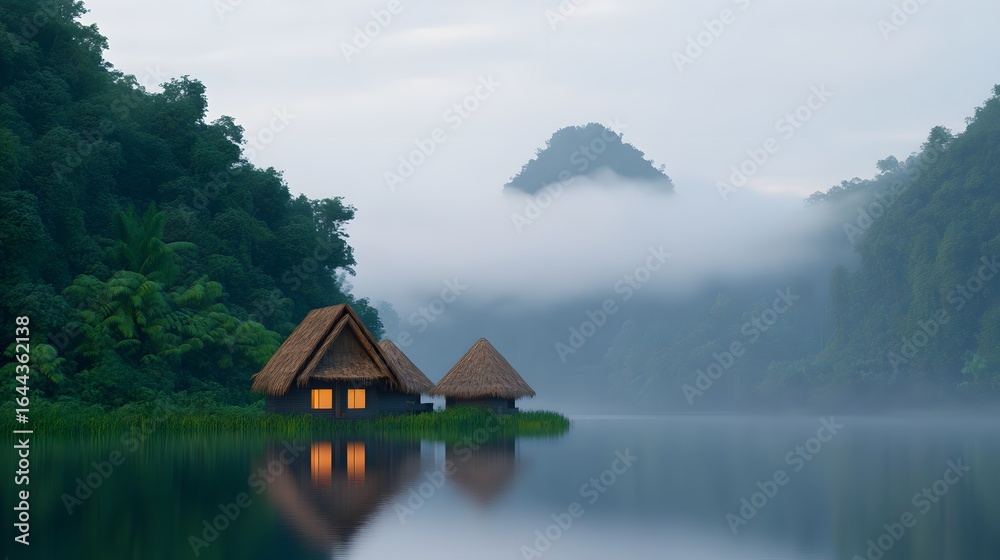 Fototapeta premium Wooden cottages on calm misty lake with green forest and mountain backdrop, peaceful eco travel retreat in remote tropical destination at sunrise