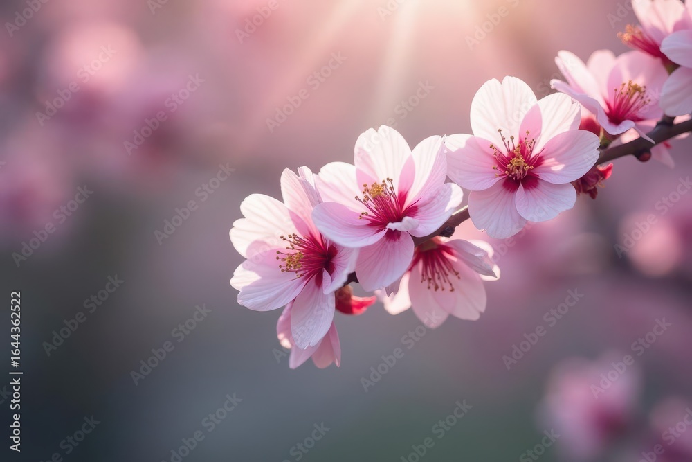 Fototapeta premium Delicate pink cherry blossom branch, soft light, gentle breeze , park, tree, spring blossom