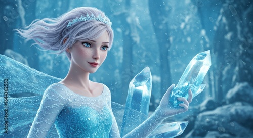 Stunning ice queen with crystal powers in a vibrant winter wonderland setting