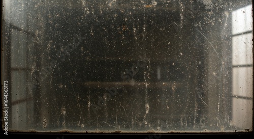 Grimy scratched window with a faint reflection of a grid pattern