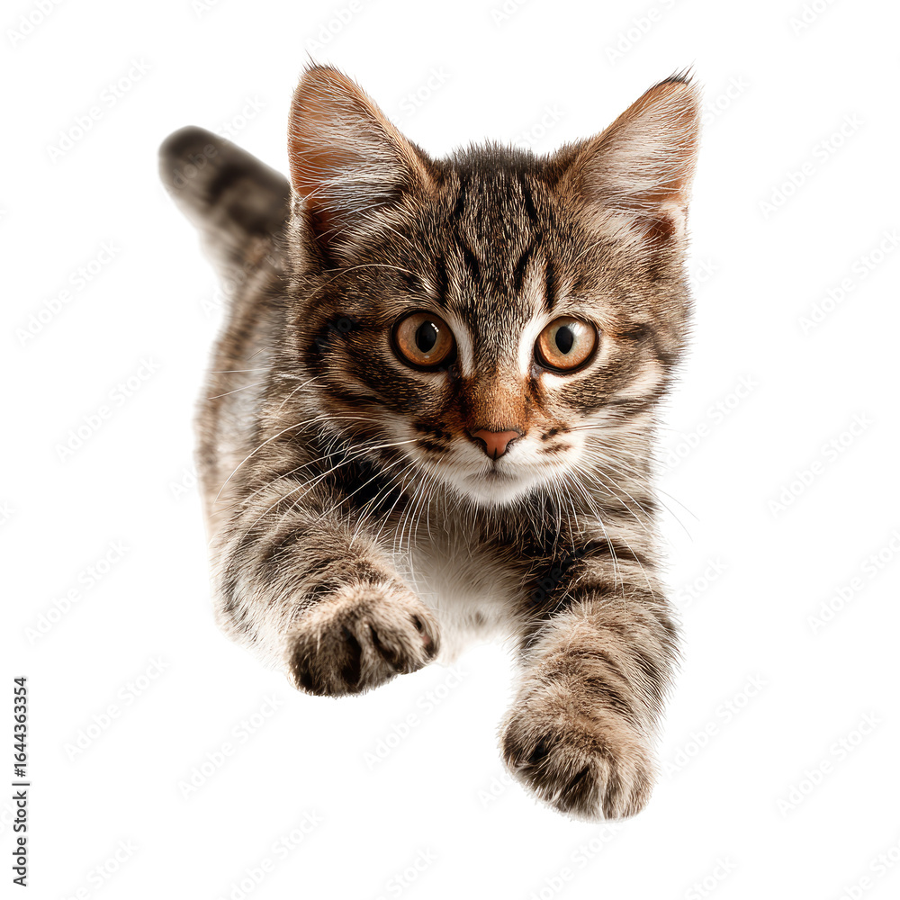 Obraz premium Kitten leaping, studio, dark background, playful pet, website banner