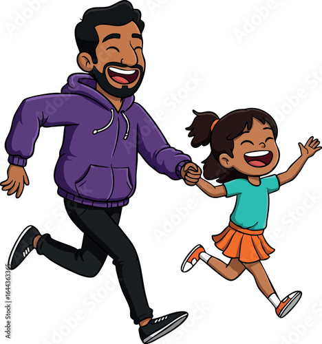 Father and daughter running happily holding hands in casual clothes vector illustration 