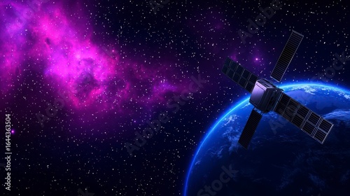 A futuristic satellite orbiting Earth amidst a vibrant cosmic background filled with nebulae and stars