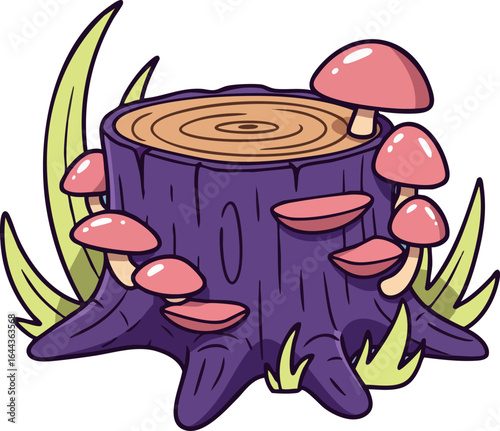 Purple tree stump with pink mushrooms and grass vector illustration natural forest element 