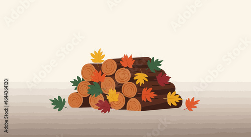 Cozy Autumnal Pile Of Logs Adorned With Colorful Falling Leaves Display