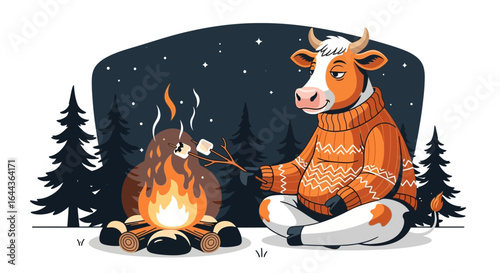 Cozy Camping: Cartoon Cow Roasting Marshmallows by a Bonfire under Starry Night Sky