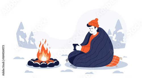 Cozy camping illustration of a man enjoying a bonfire in winter landscape