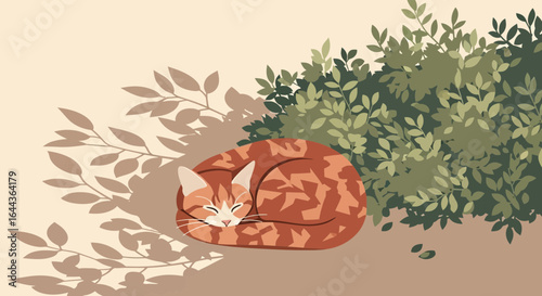 Cozy cat nap under leafy shadows charming animal vector illustration art