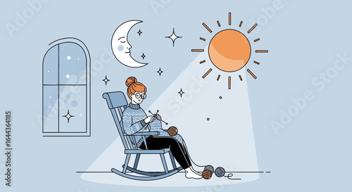 Cozy Comfort: A Woman Knitting Under the Sun and Moon in a Rocking Chair
