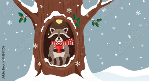 Cozy winter scene of a raccoon drinking hot cocoa in a tree hollow surrounded by snow and holly