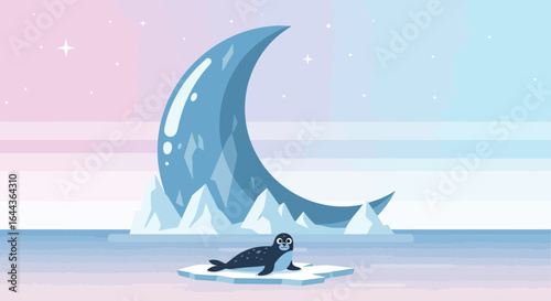 Cute seal resting on ice floe with a giant crescent iceberg background landscape