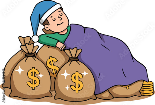 Man sleeping on bags of money wearing blue sleeping cap covered with purple blanket vector illustration 