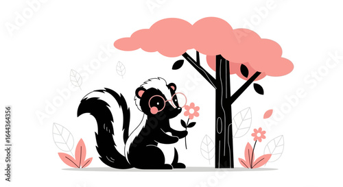 Cute skunk with glasses holding a flower illustration under a tree in spring season