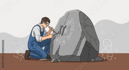Crafting the Digital Future: Man Chiseling Technology Designs into Stone Sculpture