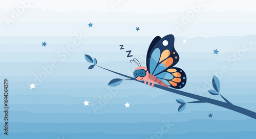 Cute sleeping butterfly illustration on a branch at night with starry background