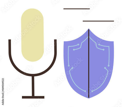 Microphone and circuitry-adorned shield emphasizing sound recording, cybersecurity, voice privacy, and digital safety. Ideal for tech, communication, privacy, security innovation AI sound. Simple