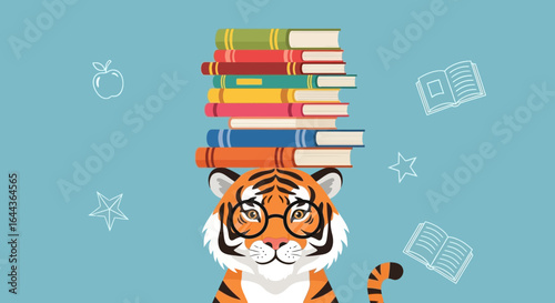 Cute Tiger Illustration with Books and Glasses for Back to School Concept