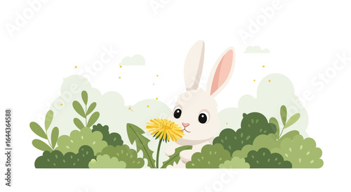 Cute white bunny rabbit sniffing a bright yellow dandelion in a green field illustration