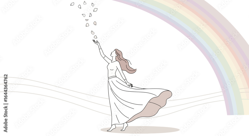 Fototapeta premium Dreamy illustration of a woman reaching for falling petals under a rainbow bright