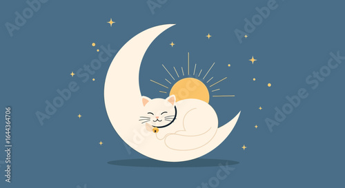 Dreamy illustration of a serene cat peacefully sleeping on a crescent moon