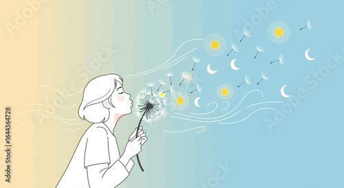 Dreamy illustration of a woman blowing dandelion seeds into a whimsical sky dream