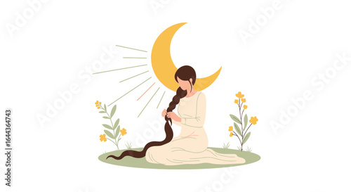 Dreamy illustration of a woman braiding her hair under the moonlight in a serene setting