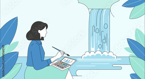 Creative Woman Illustrating a Waterfall Landscape Inspiring Artistic Pursuits