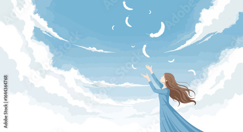 Dreamy illustration of a woman reaching for falling feathers in a cloudy sky