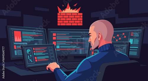 Cybersecurity professional defending against attack behind firewall with multiple monitors