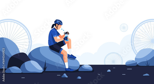 Cyclist taking a break, resting on rocks drinking water after riding bike