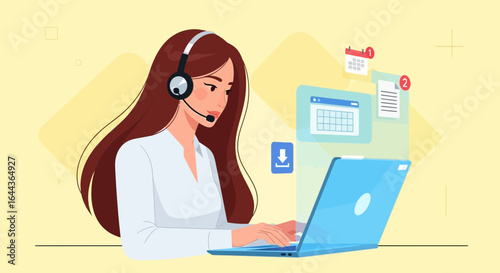 Customer service representative attending clients online through the computer and headset at the office during work hours