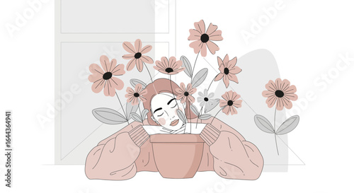 Dreamy serenity woman surrounded by flowers creating a peaceful atmosphere of tranquility and calmness
