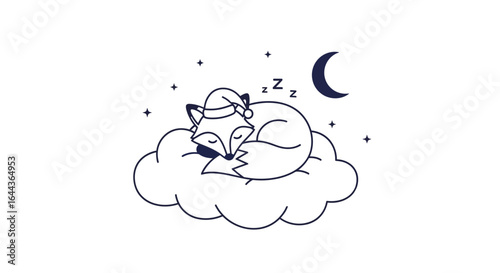 Dreamy slumber: A whimsical fox wearing a nightcap sleeps soundly on a cloud
