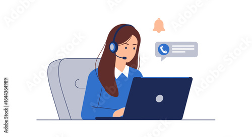 Customer service representative working on laptop with notification received icon
