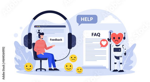 Customer Support Chatbot Illustration with Feedback and FAQ Information Center
