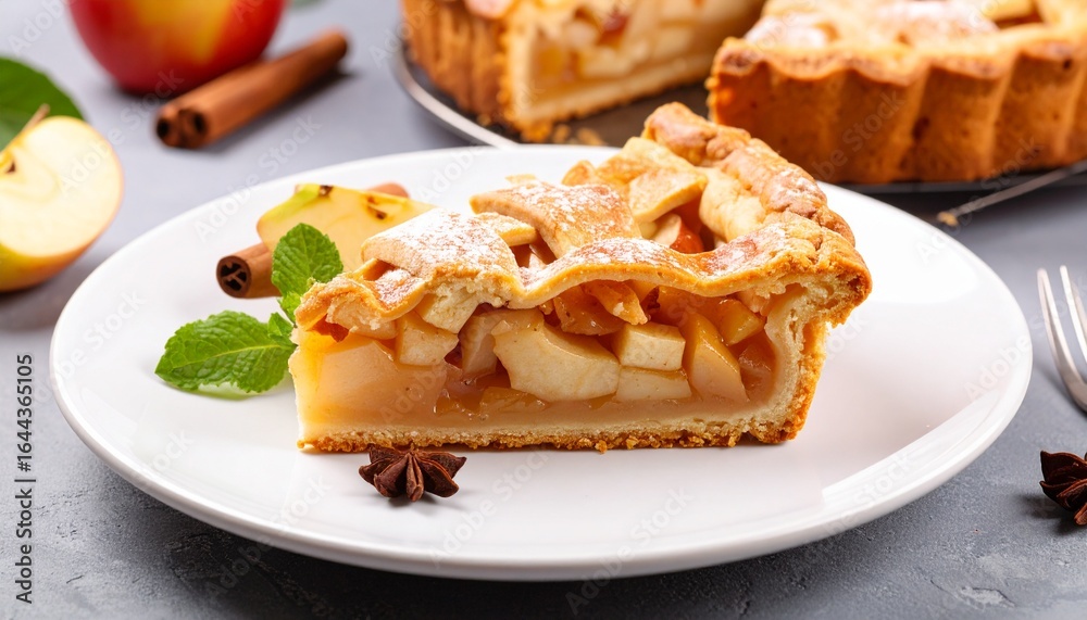 A Tempting Slice of Golden Apple Pie, a Classic Dessert Concept, Served with Fresh Apples and Spices. Perfect for Autumn or Any Sweet Occasion. A Tempting Slice of Golden Apple Pie, a Classic Dessert Concept, Served with Fresh Apples and Spices. Perfect for Autumn or Any Sweet Occasion.